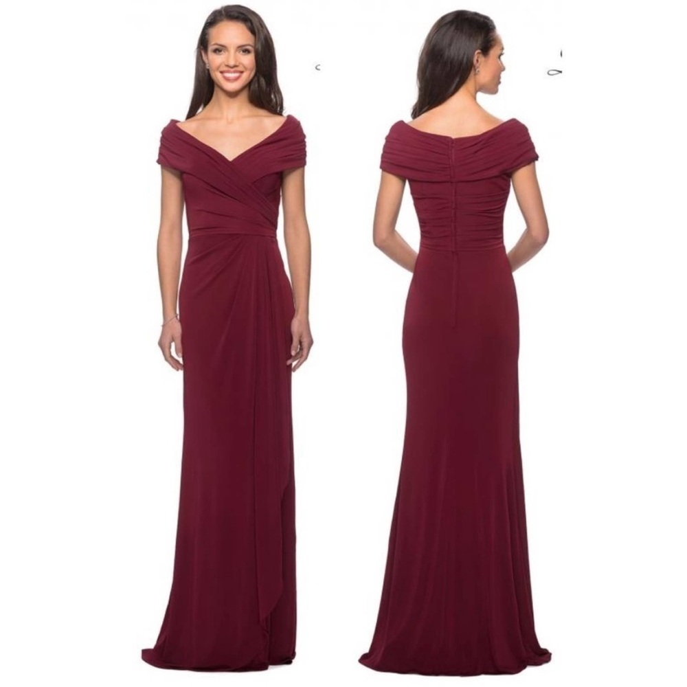 La Femme‎ Dress 26519 Ruched Jersey Column Gown Wine Maroon Burgundy 16